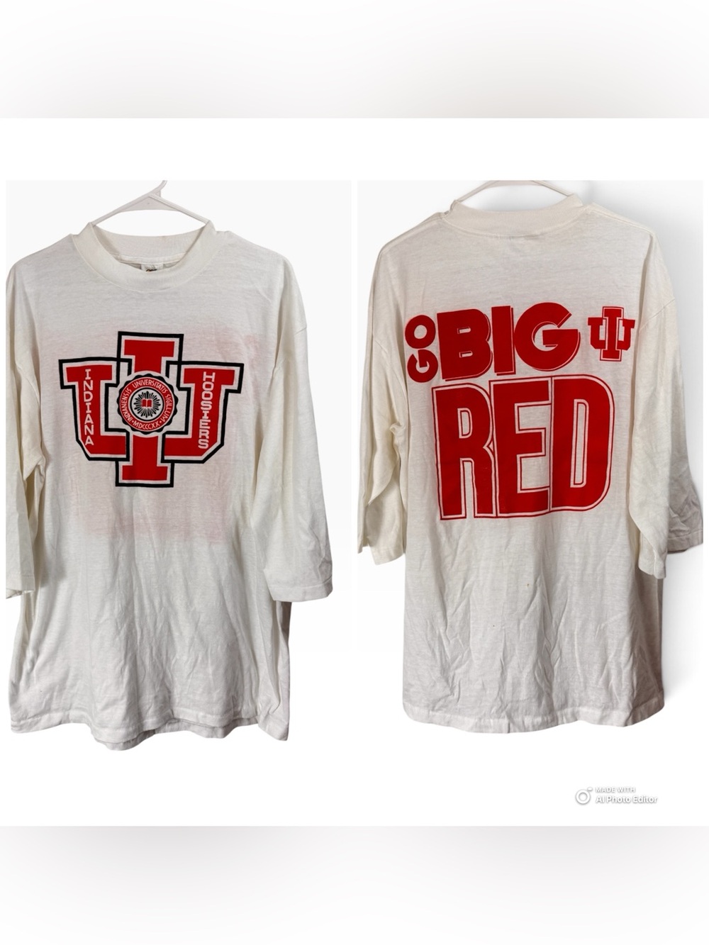 Vintage 80s Indiana Hoosiers Single Stitch T-Shirt L/XL Go Big Red 3/4 Sleeve